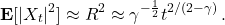 \begin{equation*} \mathbf{E}[|X_t|^2] \approx R^2 \approx \gamma^{-\frac12} t^{2/(2-\gamma)}\,. \end{equation*}