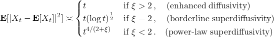 \begin{equation*} \mathbf{E}[|X_t - \mathbf{E}[X_t]|^2] \asymp \begin{cases} t & \text{if } \xi > 2\,, \quad \text{(enhanced diffusivity)} \\ t(\log t)^{\frac12} & \text{if } \xi = 2\,, \quad \text{(borderline superdiffusivity)} \\ t^{4/(2+\xi)} & \text{if } \xi < 2\,. \quad \text{(power-law superdiffusivity)} \end{cases} \end{equation*}